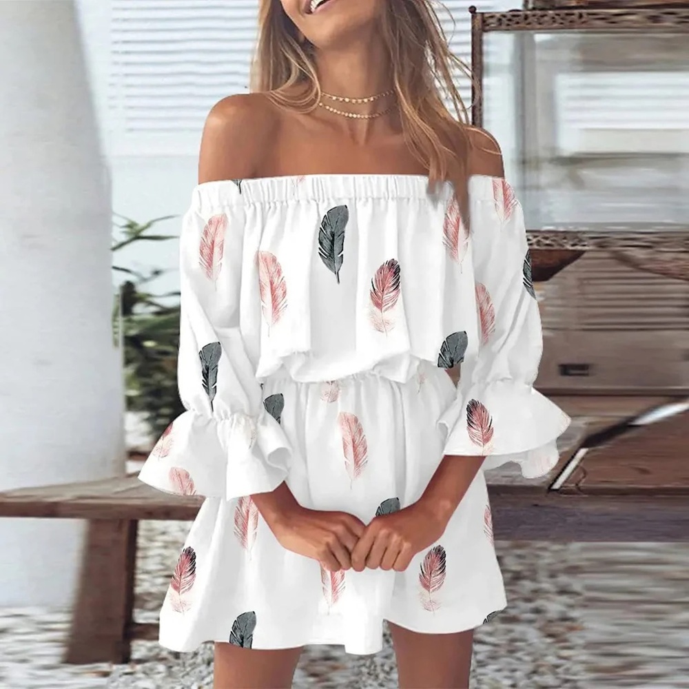 Off-Shoulder White Feather Print Mini Dress